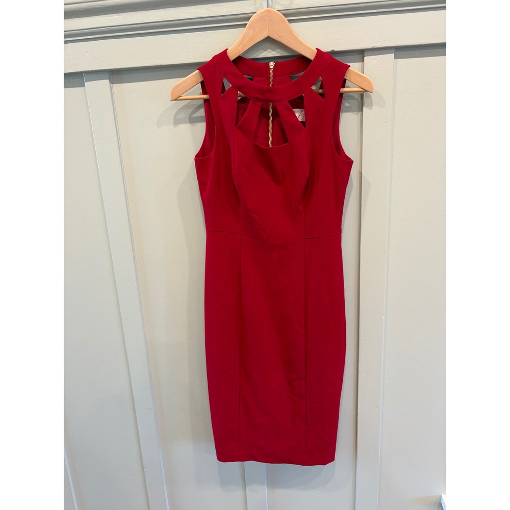 Eliza J Red Cutout Neckline Sleeveless Sheath Cocktail Dress Size 0 Gold Zipper